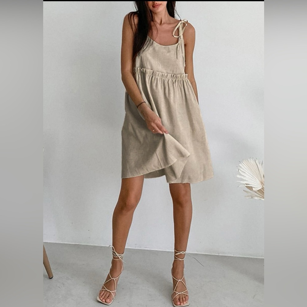 Commense Beige Tie-Shoulder Mini Dress